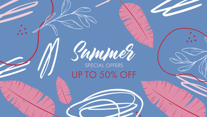 Fototapeta na wymiar Vector hand drawn horizontal summer banner. Banner with tropical leaves, dots and doodles. Sale. Template for websites, social networks.