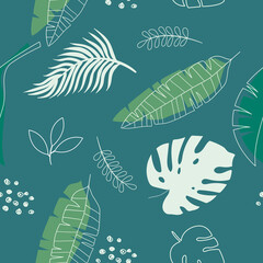 Vector hand drawn seamless pattern. Tropical leaves. Monstera, banana leaves, twigs and dots in doodle style. Trendy wallpapers. For decorating walls, rooms.