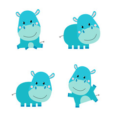 Vector. Hand-drawn cute hippo. Hippopotamus in different poses. Cute hippo. Unique design. Element for illustrations. Kawaii animals.