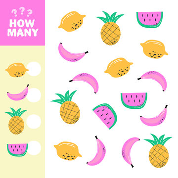 Counting game for preschool children. How many fruits in the picture. Banana, lemon, pineapple, watermelon. Simple flat isolated vector illustration.
