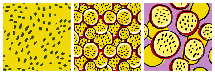 Passionfruit, abstract exotic fruit seamless pattern. Colorful kitchen textile or product packaging background in yellow, lilac and dark red colors.