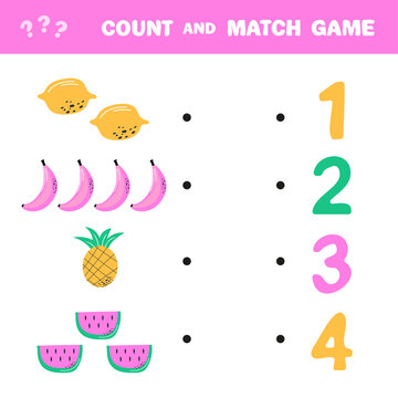 Counting game for preschool children. How many - count and match. Banana, lemon, pineapple, watermelon. Simple flat isolated vector illustration.