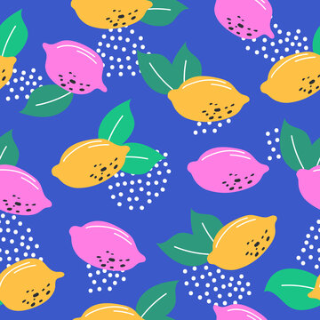 Tropical seamless pattern with yellow and pink lemons isolated on blue background. Modern design for textile, wrapping paper, wallpaper. Summer colors