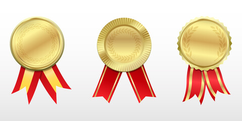 Gold medal set. Vector badge golden and red ribbon.