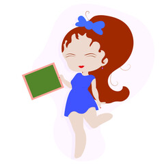 A girl in the style of chibi. A female character in a pink dress and red hair. High tail. A simple composition.