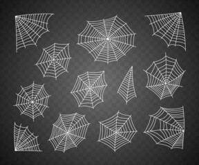 Set of hand-drawn spiderweb for Halloween. Spooky Halloween cobwebs vector illustration. Scary spider web elements for decoration. Spider cobweb set
