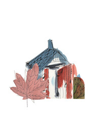 Watercolor Autumn House with a Leaves Poster - hand drawn, hand painted nature, forest leaves and red building