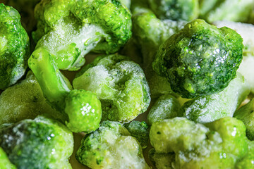 Frozen broccoli background with ice crystals, green broccoli with ice and frost