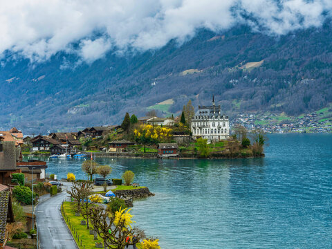 Iseltwald peninsula and the castle on Lake Brienz, Switzerland
