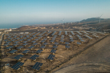 Top view of solar panel farm - Renewable energy concept