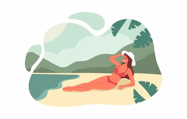 Woman in bikini and hat sunbathing on sea beach. Pretty young woman rest in swimsuit in wild beach. Summer concept, vacation and beach concept