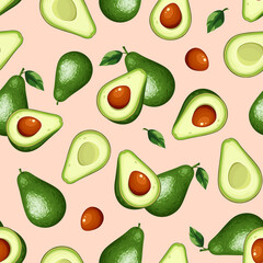 Seamless pattern with avocado fruit on a pink background. Vector illustration