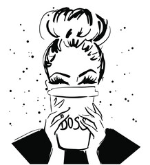 Stylish girl with a cup of coffee in her hands. Fashion women look