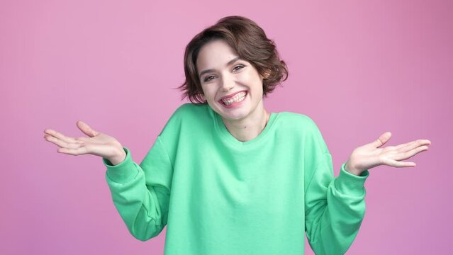 Frustrated lady shrug arms feel sorry fault isolated pastel color background