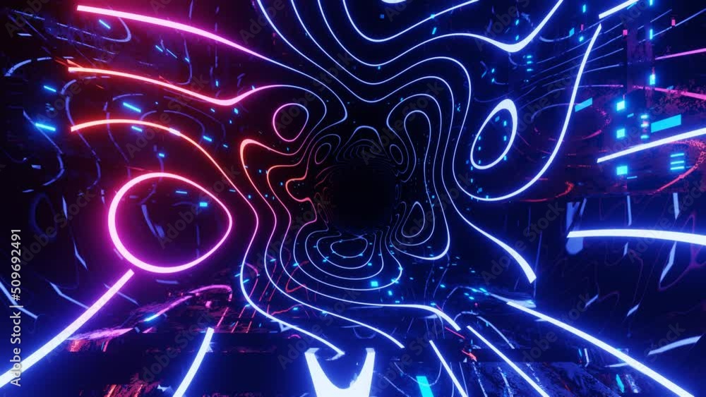 Poster hi-tech neon sci-fi tunel. trendy neon glow lines form pattern and construction in mirror tunnel. be