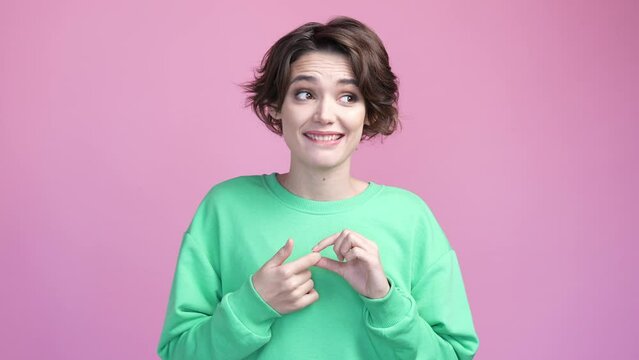 Cute lady feel sorry share rumor isolated pstel color background