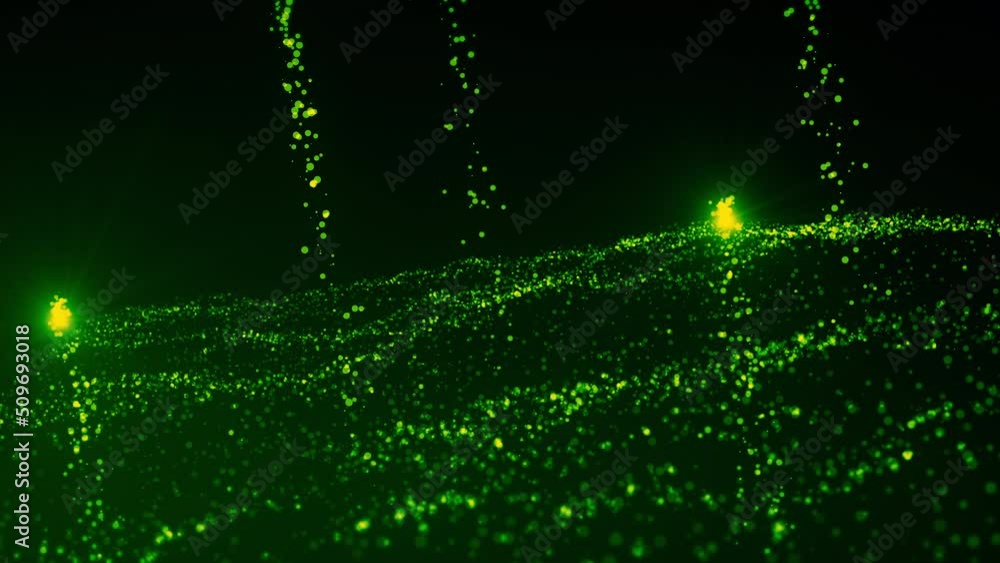 Poster Abstract green shiny futuristic digital space with unique dots and flying comets. Motion. Dark green wavy surface of tiny particles.