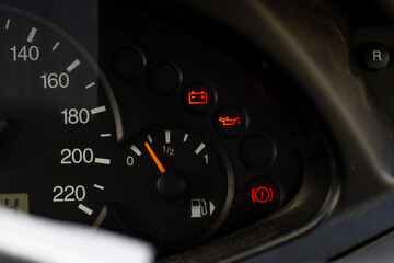 Screen display of car status warning light on dashboard panel symbols which show the fault...