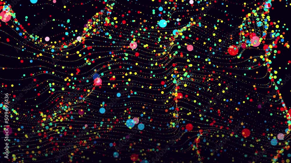Poster abstract waves bg. multi colored particles form waves on a limited surface of plane. beautiful waves