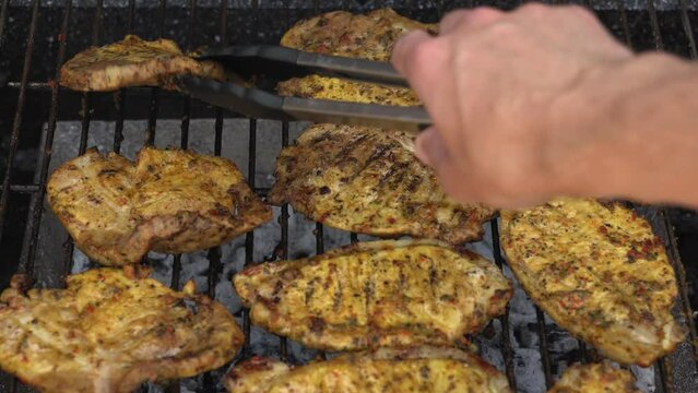 Spicy Pork Beef Bacon Being Grilled Over Bright Glowing Coals Broasting On Fire. Lunch celebration Party Barbecue. Outdoor Cooking. Cook Prepares Oriental Dish In Kitchen. Junk Food, Healthy Lifestyle