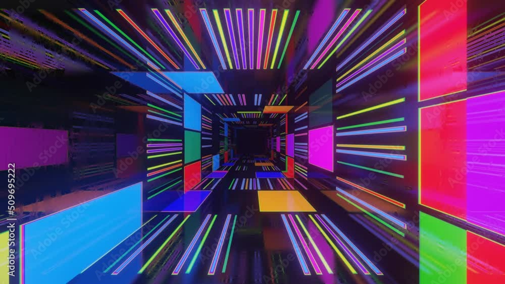 Poster multicolor tunnel. fly through mirror tunnel with neon pattern, glow lines form sci fi pattern. brig