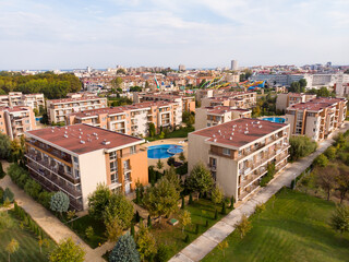 Fototapeta premium Summer holidays in Europe. Residential complex and hotels with pool on Sunny Beach in Bulgaria.