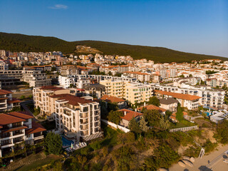 Fototapeta premium Buildings in Sveti Vlas in Bulgaria. Aerial photography, drone view. Summer holidays in Europe during quarantine.