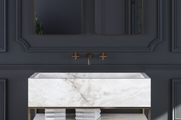 Close up of marble basin with square mirrors are hanging in on dark blue wall, modern cabinet with gold faucets in classic bathroom. 3d rendering
