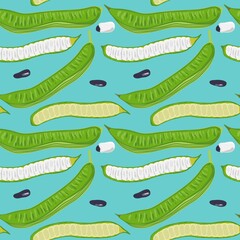 Green Pods Guaba Ice Cream Beans Seamless Pattern. Exotic pattern with tropical fruits Inga Edulis. For fabric, wallpaper or wrapping.