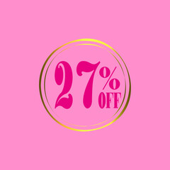 27% Discount Tag, offer Icon with pink and golden details. Discount 27 percent for poster of products on offer, black friday, discount and promotions. Vector illustration.