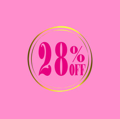 28% Discount Tag, offer Icon with pink and golden details. Discount 28 percent for poster of products on offer, black friday, discount and promotions. Vector illustration.