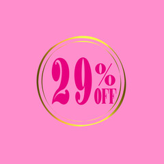 29% off Discount Tag, offer Icon with pink and golden details. 29 percent discount for poster of products on offer, black friday, discount and promotions. Vector illustration.
