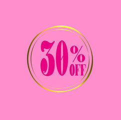 30% off Discount Tag, offer Icon with pink and golden details. 30 percent discount for poster of products on offer, black friday, discount and promotions. Vector illustration.