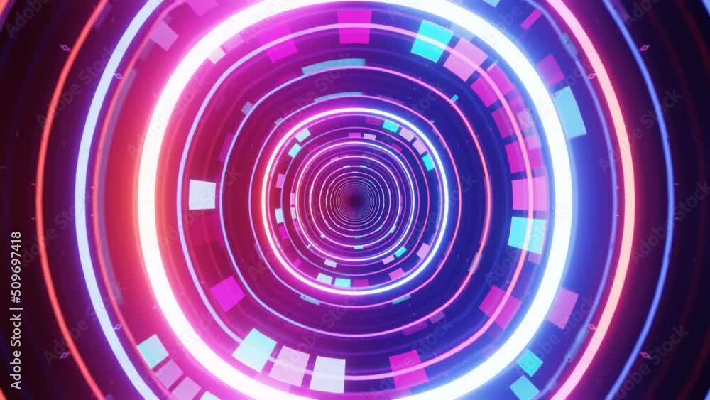 Poster hi-tech neon sci-fi tunel. trendy neon glow lines form pattern and construction in mirror tunnel. sc