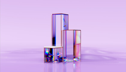 3d render abstract background, beautiful cubes, podium on water surface. Glass cubes are transparent with a discrepancy. Design element for banner background, wallpaper.
