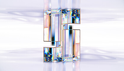 3d render abstract background, beautiful cubes on water surface. Glass cubes are transparent with a discrepancy. Design element for banner background, wallpaper.