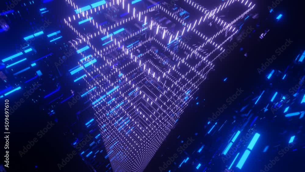 Aufkleber blue hologram. 4k seamless looped animation. fly through mirror tunnel with neon pattern, glow lines
