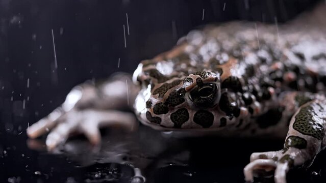 Wild ground toad under rain drops, close-up night shot. Natterjack breathing and looking at camera. Amazing frog blinks eyes, stirs nostrils, macro. Dark background.
