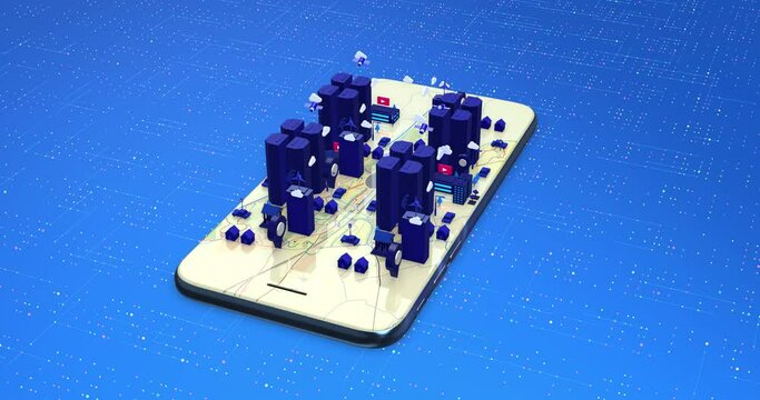 Smart City Rising On Smart Phone. Futuristic Life With Artificial Intelligence. Night Time. Perfect Loop. Technology Related 3D 4K Motion Graphics.