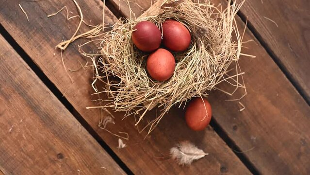 Naturally colored onion husks are Easter eggs in a nest of hay and willow branches. Traditions Orthodoxy religion. High quality 4k footage