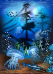 Underwater background with Jellyfish and sunken ship, vector illustration