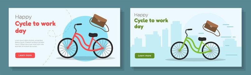 Happy cycle to work day 2022 online banner template set, ecological environmental friendly transport advertisement, horizontal ad, bike riding celebration webpage, e-bike creative brochure, isolated