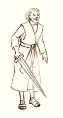 Fototapeta na wymiar A man with a sword. Pencil drawing
