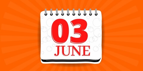 03 may, calendar with the day three of the month of june in white color and background orange