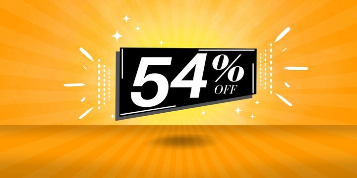 54% off limited special offer. Banner with fifty four percent discount on a  orange background with black square