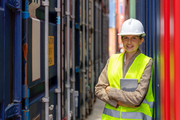 Female worker wearing reflective vest and hard hat holding tablet looking at camera at container yard warehouse.
