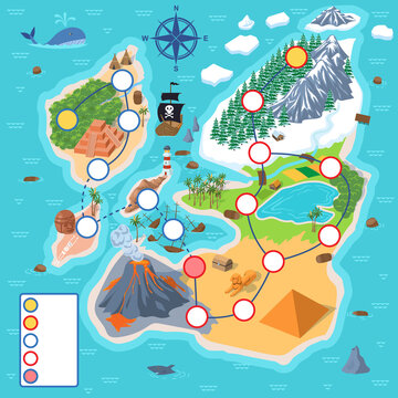 Digital Game Map Layout. Fantasy pirate mobile game with quests, islands, volcano and treasure hunt. Design for interface of entertainment application for children. Cartoon flat vector illustration