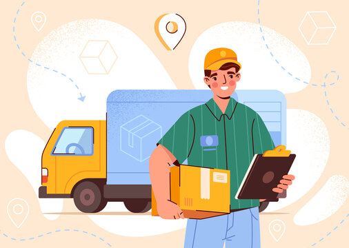 Smiling delivery man. Young man stands next to truck and holds box with order. Courier delivers parcel. Logistics and cargo shipping. Employee quickly bring purchases. Cartoon flat vector illustration