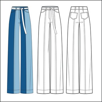 Girl's Jeans Pants Fashion Flat Design. Women's Denim Pants, Jeans Technical Fashion Flat Template. Jeans Pants With Full Length, Normal Low Waist, Pockets, Patchwork Design.
