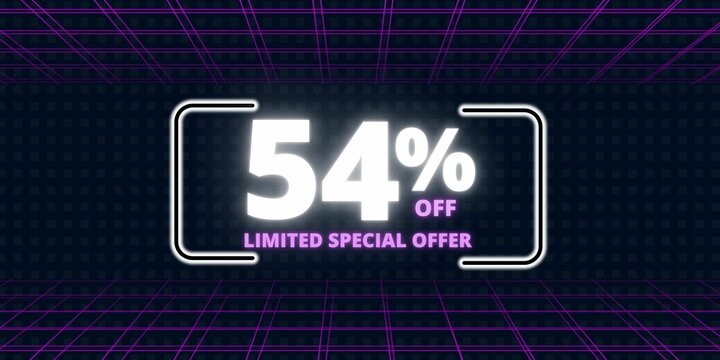 54% off limited special offer. Banner with fifty four percent discount on a  black background with white square and purple